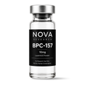Clear glass vial with silver cap labeled 'NOVA Research BPC-157' on a white background