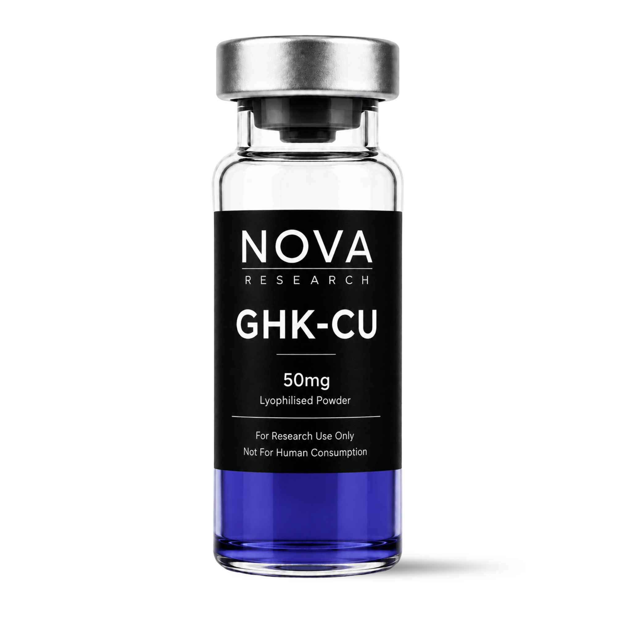 Vial labeled 'NOVA Research GHK-CU' with black label on a white background