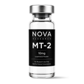 Clear glass vial with silver cap labeled 'NOVA Research MT-2' on a white background