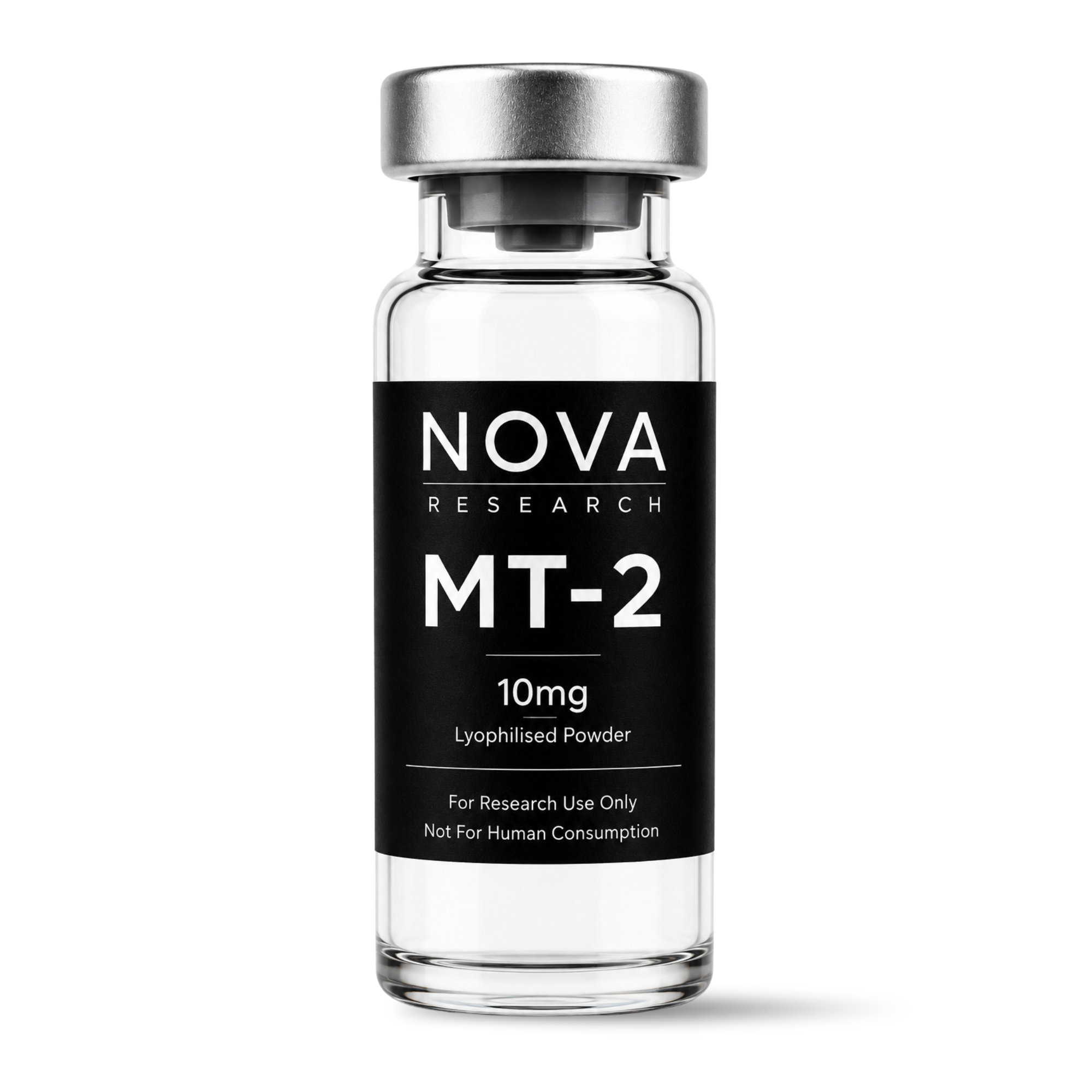 Clear glass vial with silver cap labeled 'NOVA Research MT-2' on a white background